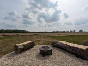 View from glamping cabins with firepit